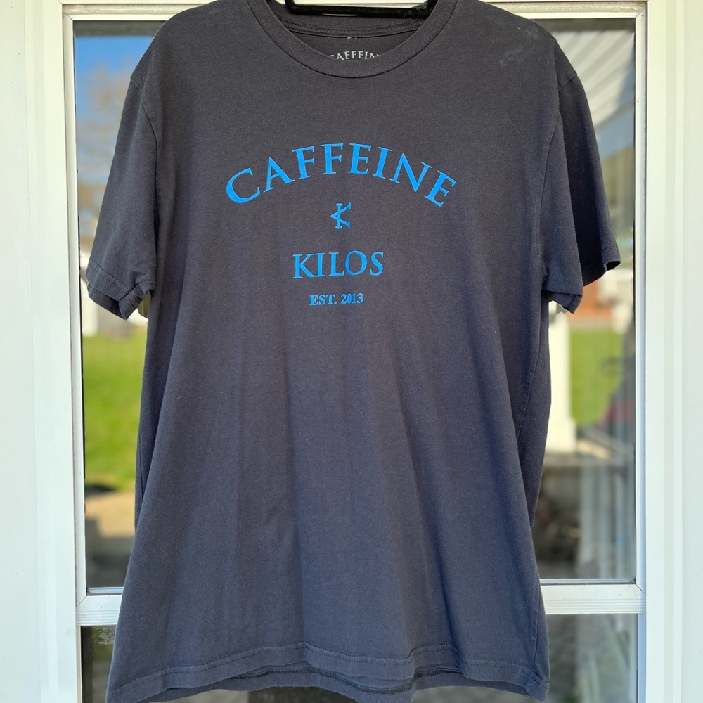 Men Caffeine and Kilos large black and blue logo shirt